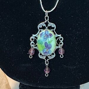 Victorian Floral Purple Violet Ceramic Pendant on Necklace